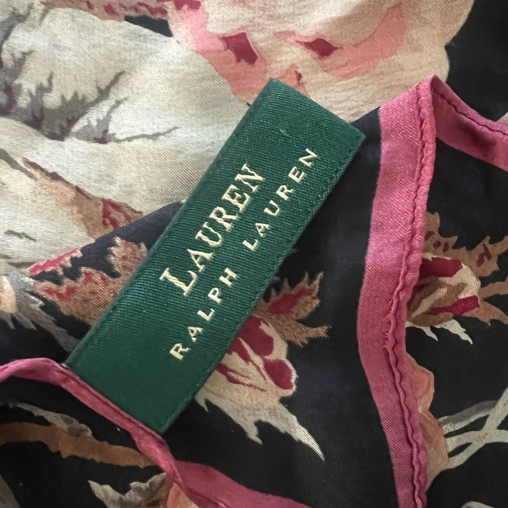 Ralph Lauren Black Floral Silk Scarf with Pink, Cream and Red Roses - Picture 3 of 10